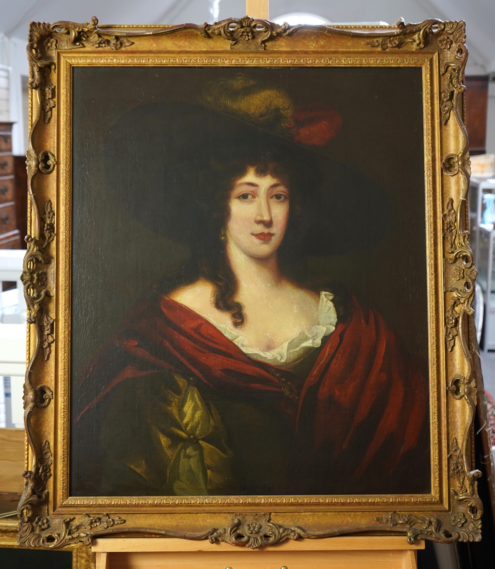 English school, Late 17th / early 18th century, A portrait of a lady wearing wearing a feathered hat